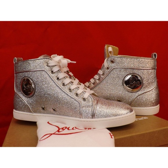 NIB LOUBOUTIN BIP BIP SILVER ORLATO FLAT LUREX LEATHER HI TOP SNEAKERS 39.5 - Picture 11 of 12